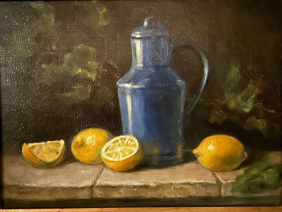 Oil painting titled Blue Jug and Lemons