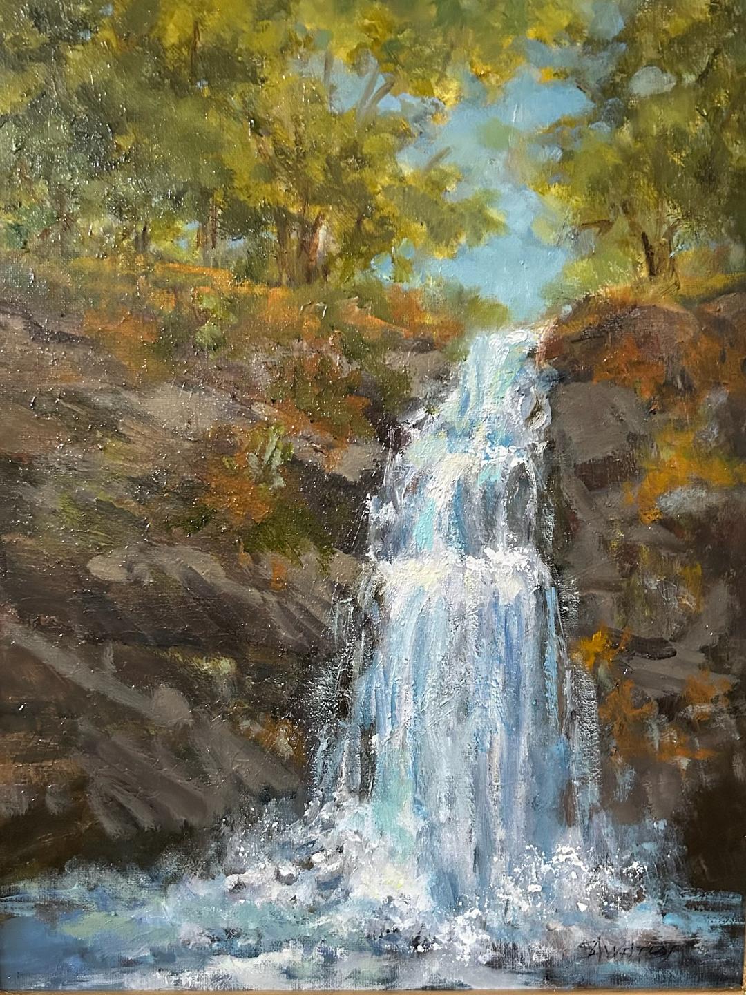 Oil painting titled Sunlit Cascade
