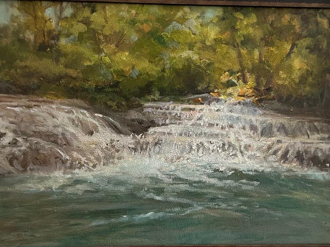 Oil painting titled The Elsa River. Northern Italy