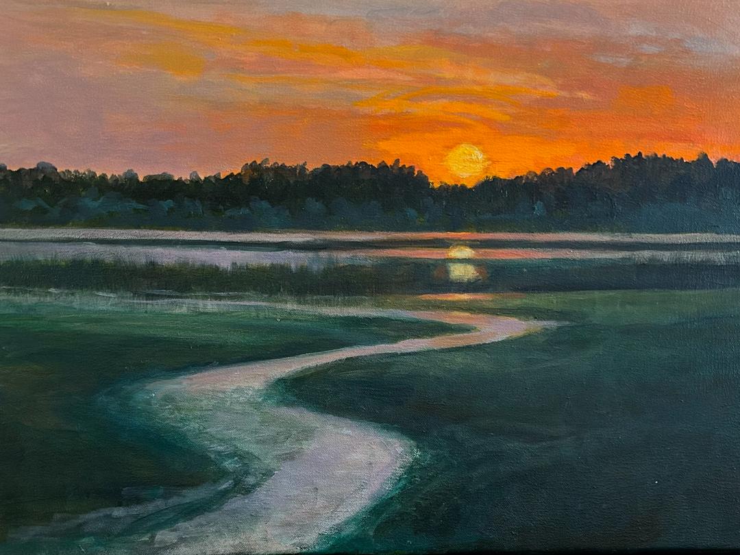 Oil painting titled Sunrise at Lowtide