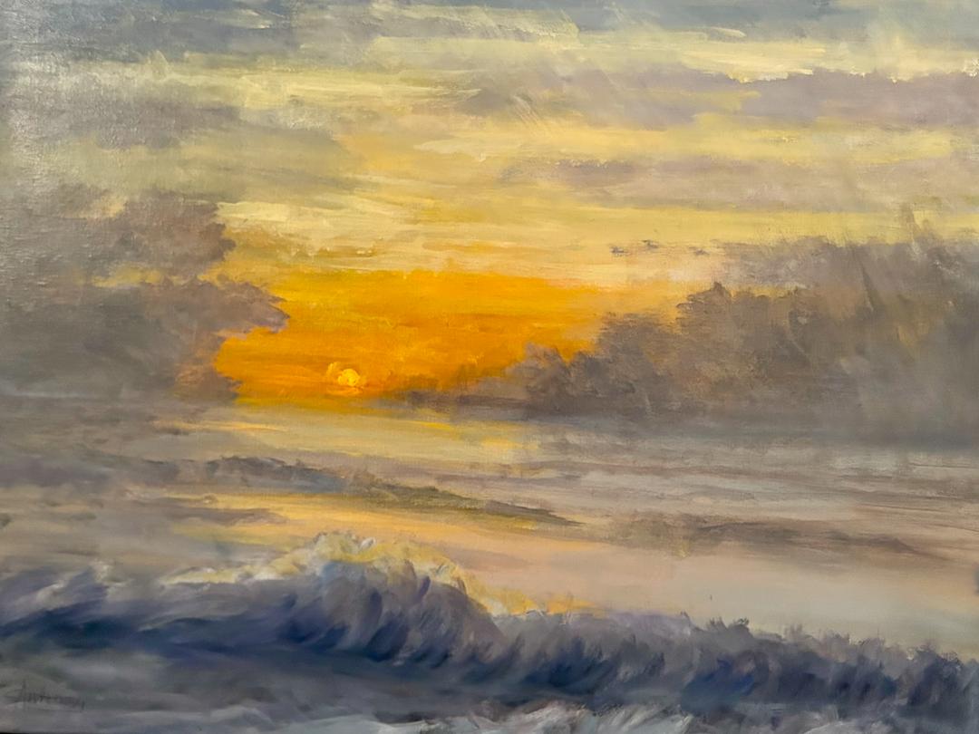 Oil painting titled Ocean Sunrise